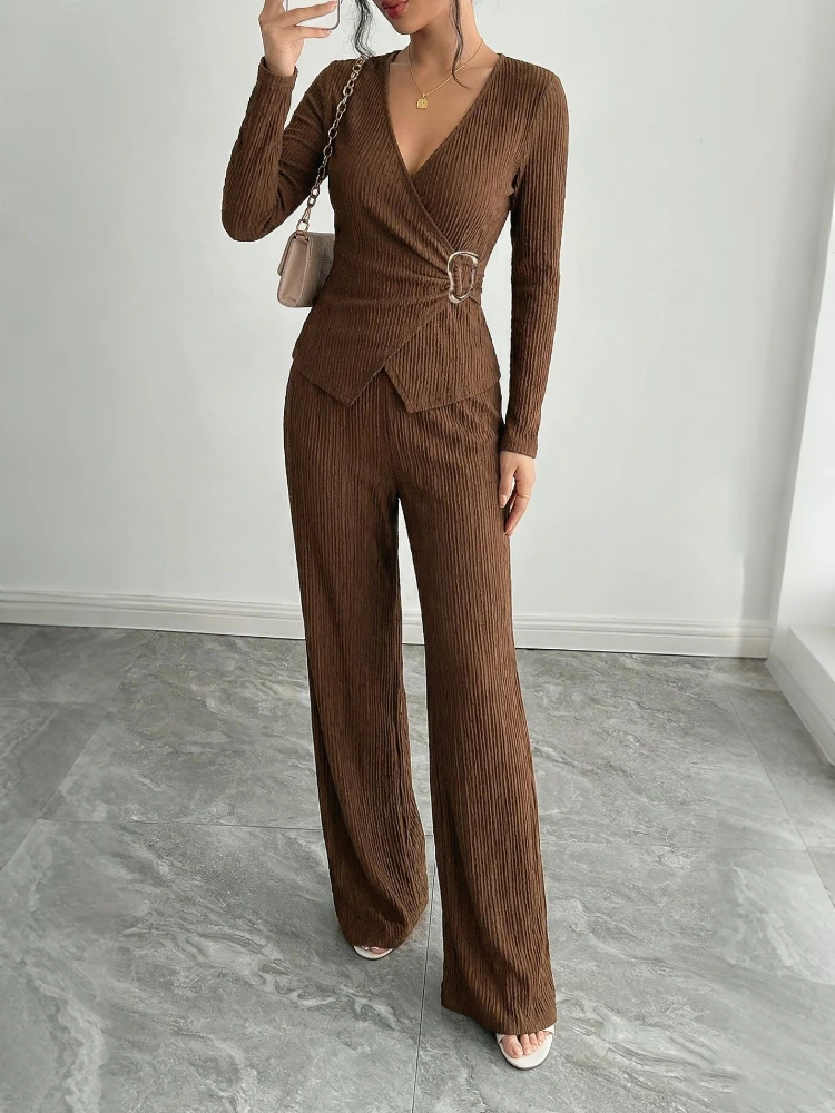 Spring Autumn Elegant Women's V Neck Ribbed Knit Two Piece Set Long Sleeve Wrap Top Wide Leg Pants Casual Outfit Suit