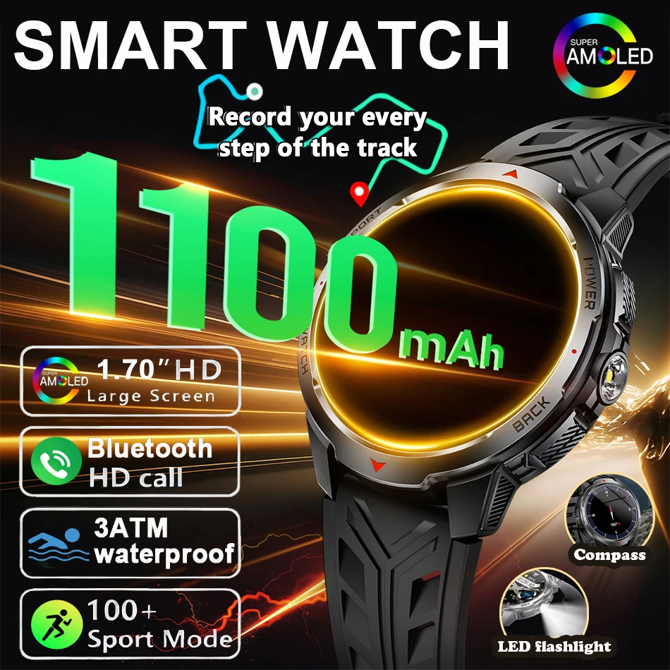 

2026 Military Smart Watch Men 1100mAh Super Capacity Battery 1.7-inch Screen Compass Bluetooth Call 3ATM Waterproof Smartwatch