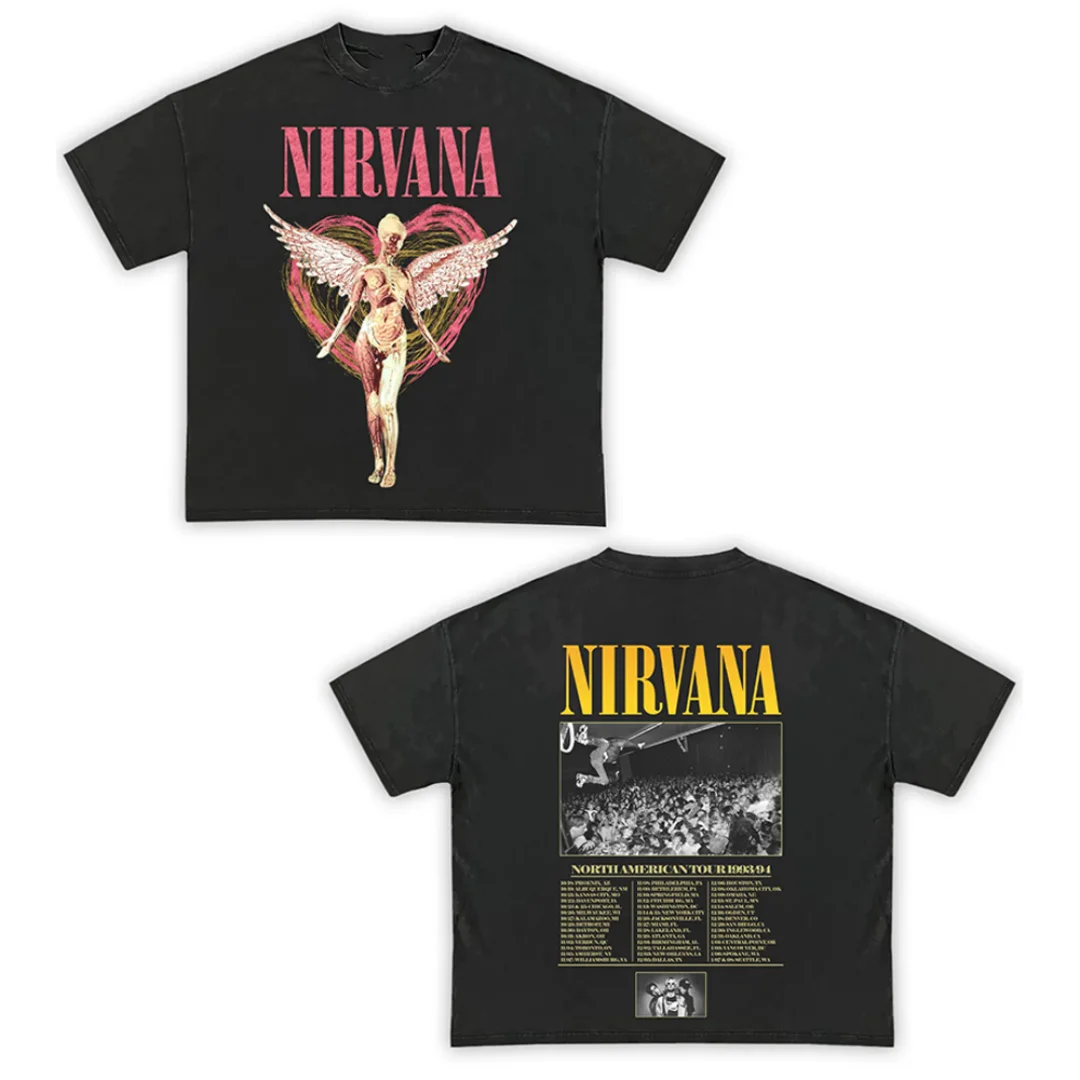 الفرقة مزدوجة الوجهين التوقيع جولة الجرافيك المحملة الرجال غسلها تي شيرت الذكور الرجعية روك تحت عنوان عادية مريحة الشارع الشهير التي شيرت