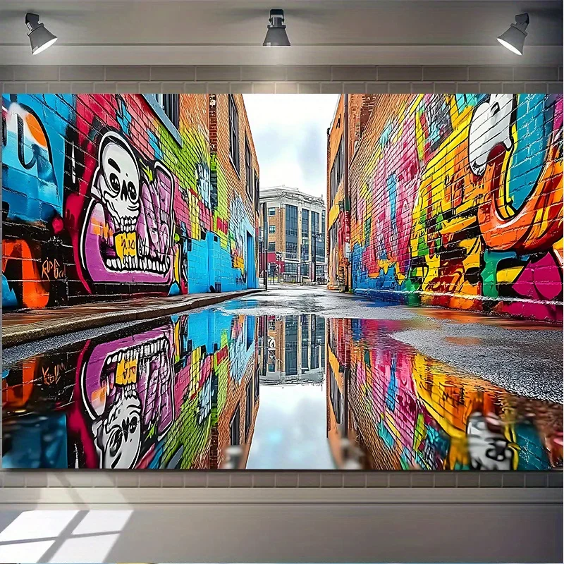 Urban Graffiti Street Art Skull Reflection Alley Tapestry 2D Flat Hip Hop Style Wall Hanging for Teen Room Studio Party Backdrop