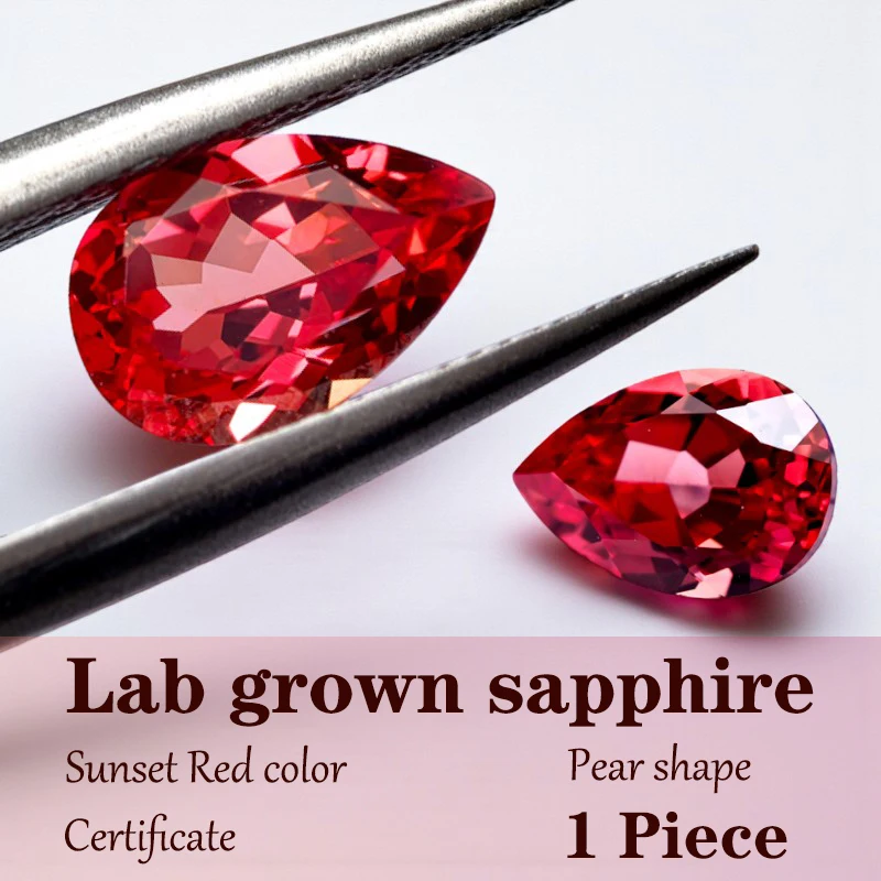 

Pear Cut Lab Grown Sapphire Sunset Red Color for Charms for Jewelry Making with Certificate Wholesale Extremely Shiny Quality