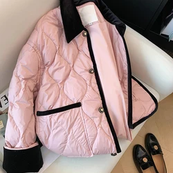 2024New Winter Women Down Coat Casual Light Puffer Jacket Female Short Top lapel Splicing rhombus Warm Parkers Outerwear Ladies