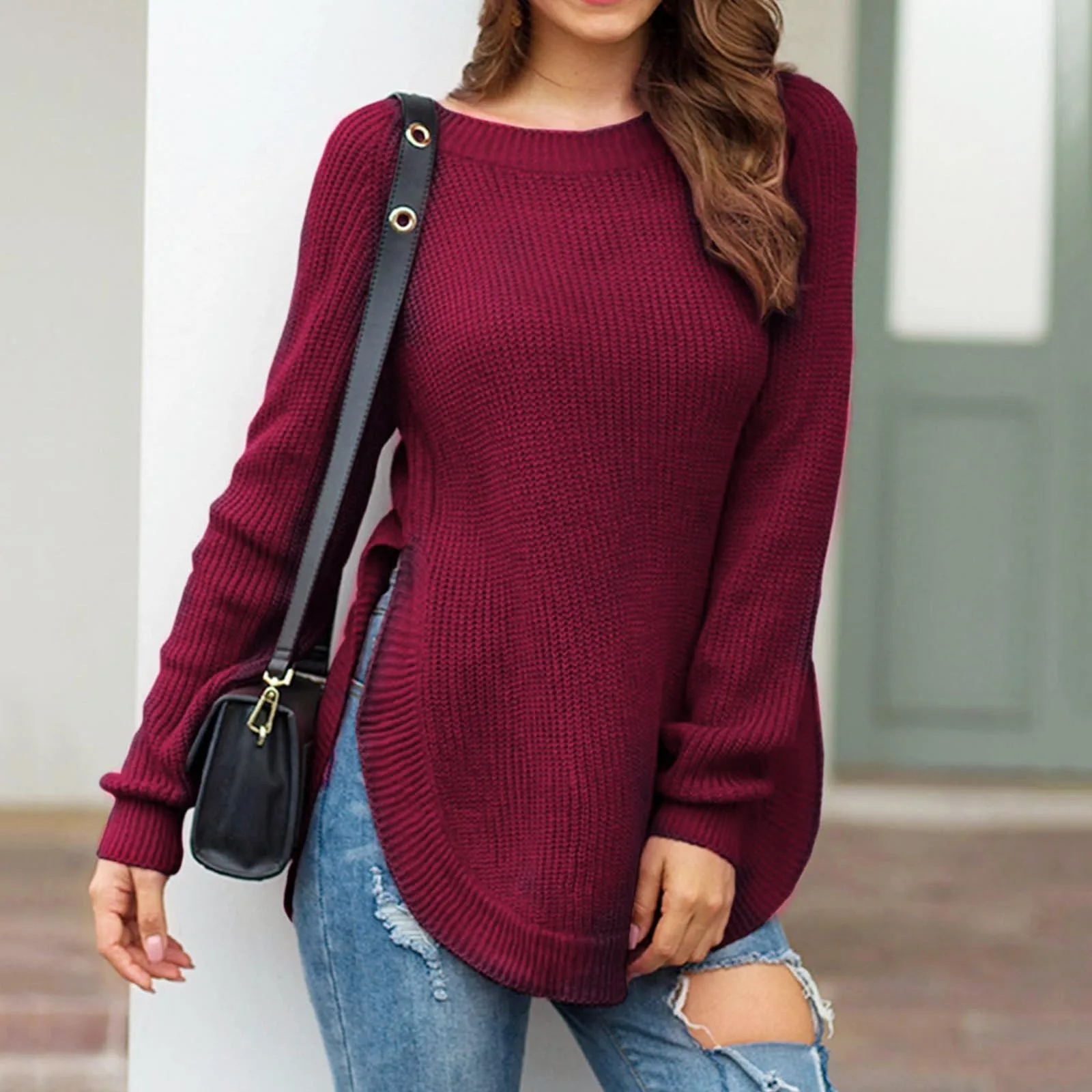 

Autumn Sweaters Blouse Women Casual Loose Long Sleeve Solid Color Crewneck Side Slit Knit Sweater Pullover Tops Ropa Mujer