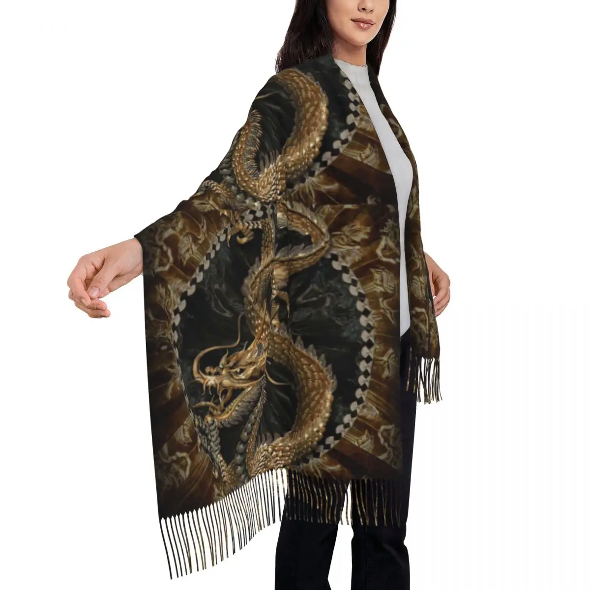 

Chinese Traditional Golden Dragon Scarf Tassel Scarves Women Soft Warm Shawls and Wraps Long Fall Winter Shawl Wrap