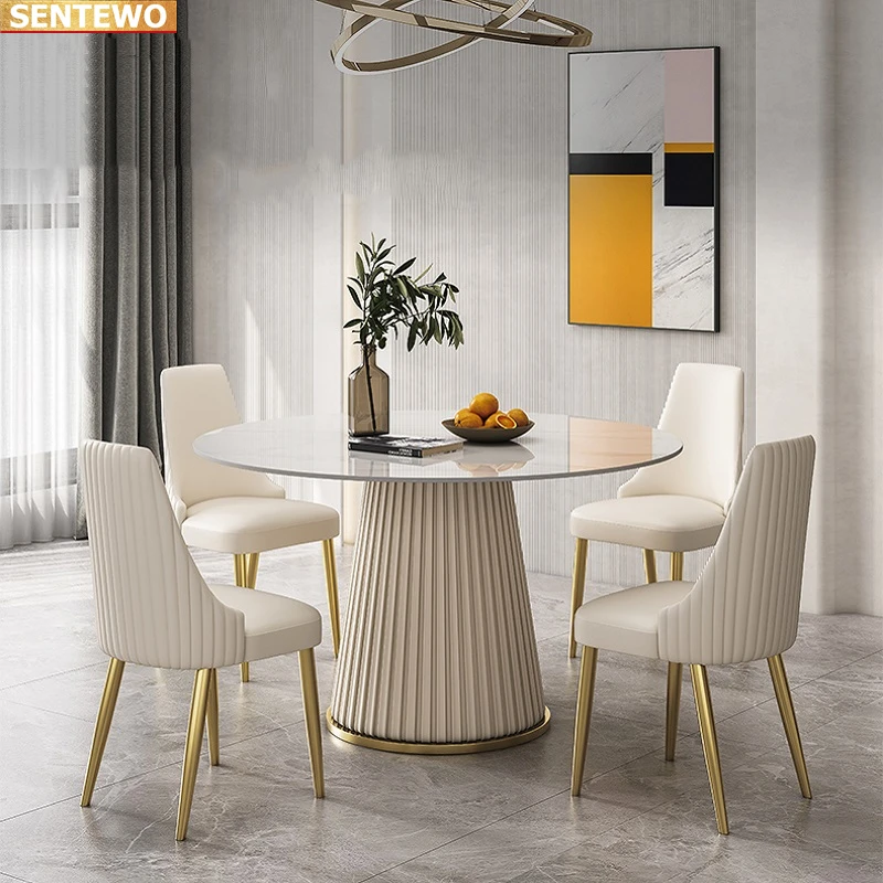 Designer Luxury round dinner Marble Rock Slab dining table set 4 6 8 chairs eettafel furniture comedor Stainless steel gold base