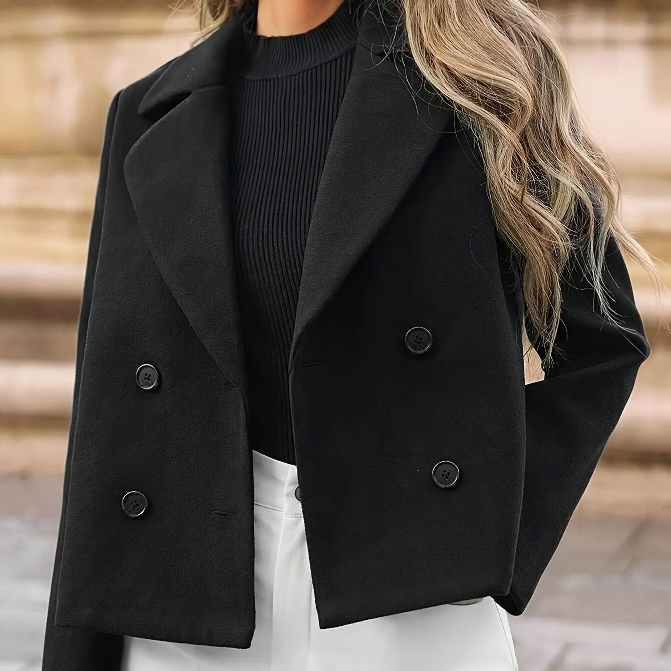 Ladies Fashion Black Double‑Breasted Blazer, French Vintage Casual Suit Jacket Outercoat Fall Winter