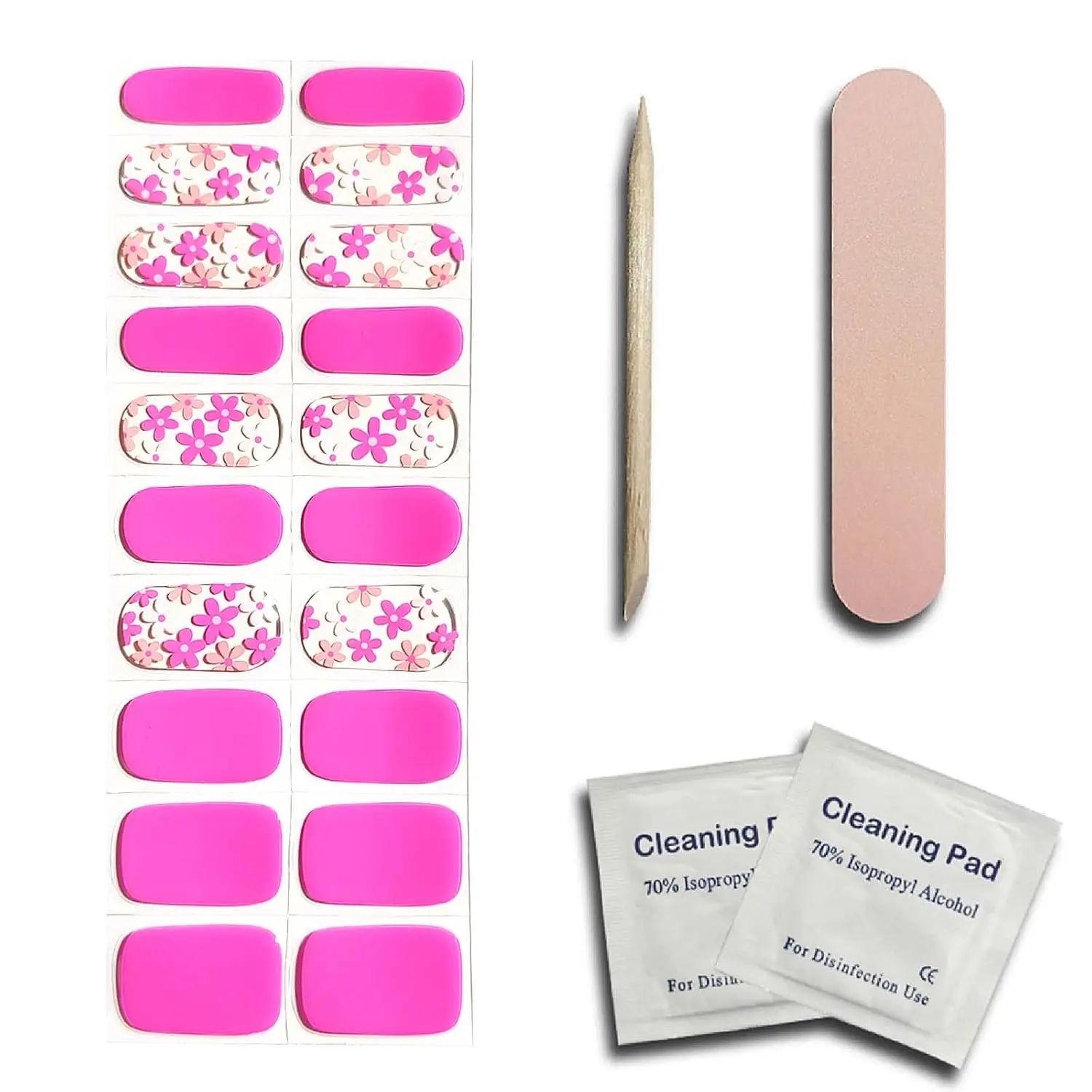 ホットピンクフラワージェルネイルストリップキット、20枚入り、サロン品質の長持ちDIYマニキュア、結婚式やパーティーに（UVランプが必要）