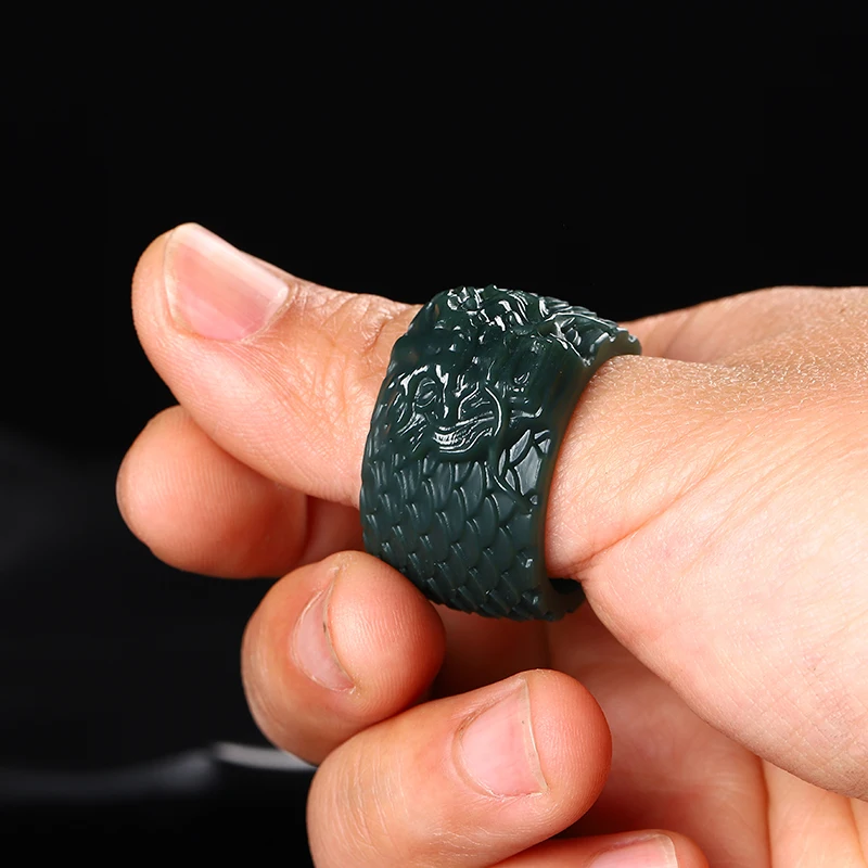 Natural Xinjiang Hetian Cyan Jade Dragon Head Ring Men's Domineering Personality Fashionable Accessories Holiday Party Gift