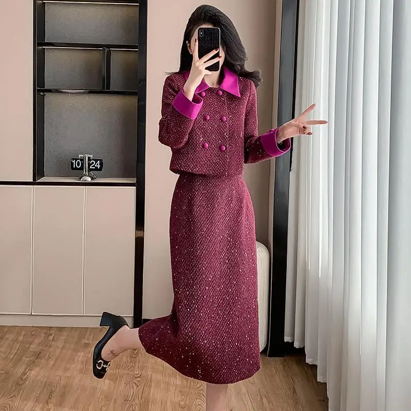 

Purple women's coarse tweed 2-pcs set, collar jacket+skirt 2025 new autumn/winter small fragrance style set