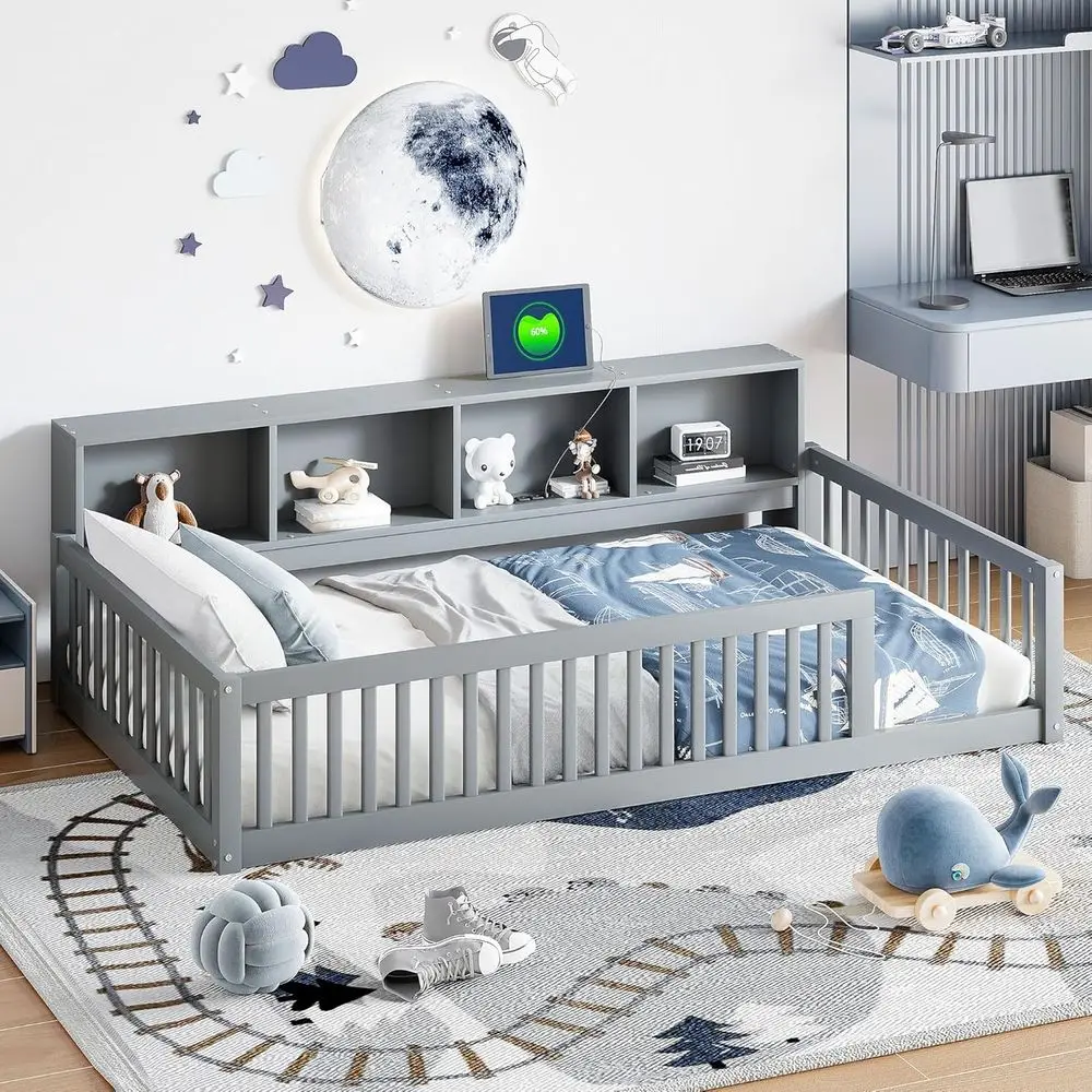 Twin XL Kids Loft Bed with Bookcase, Charging Station, and Storage - Suitable for Boys and Girls, Gray