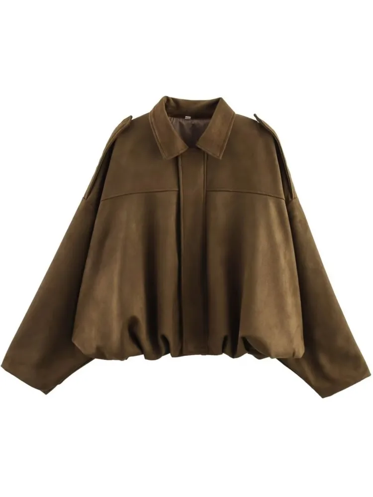 Women's Solid Color Bomber Jacket Autumn And Winter New Fashion Suede Texture Effect Long-sleeved Loose Fashion Lapel Jacket Top - view 5