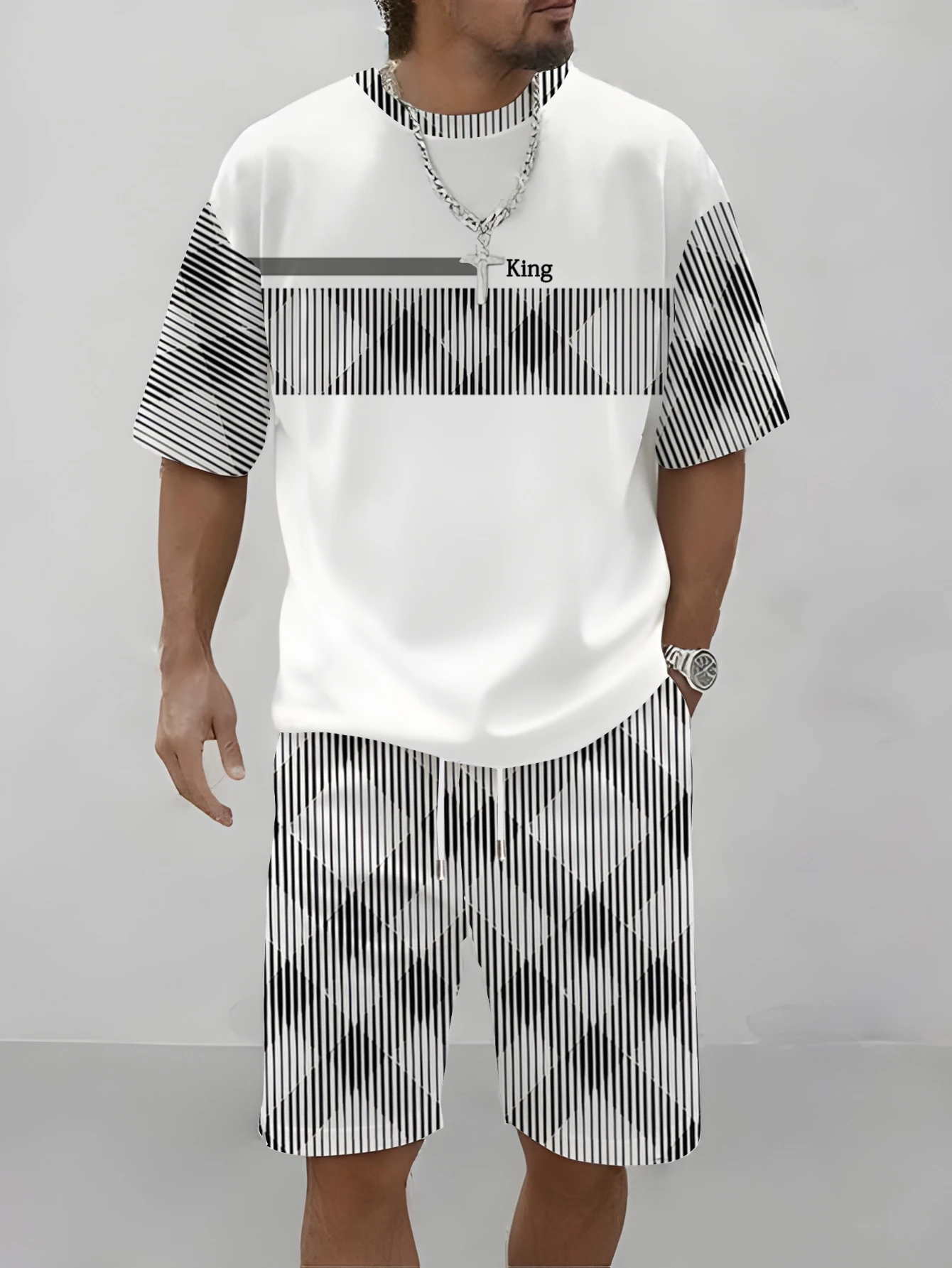 

2026 Men's New Style 2-Piece Set - Shirt and Shorts for Casual Street Style - Black and White Stripes and 3D Printings