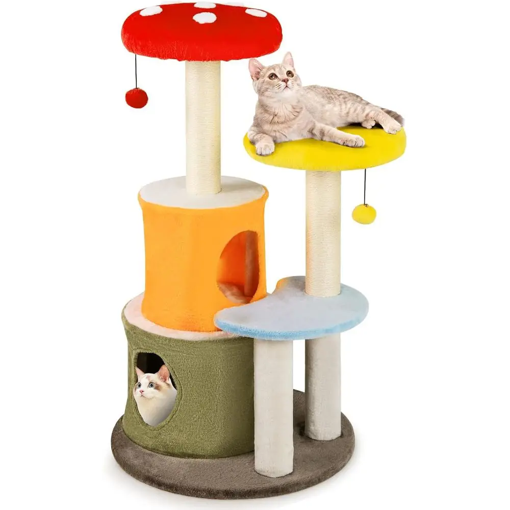 

43 Adorable Cat Tower with Sisal Scratching, Dual Cozy Condos, Plush Platforms, 2 Pom-Pom Balls