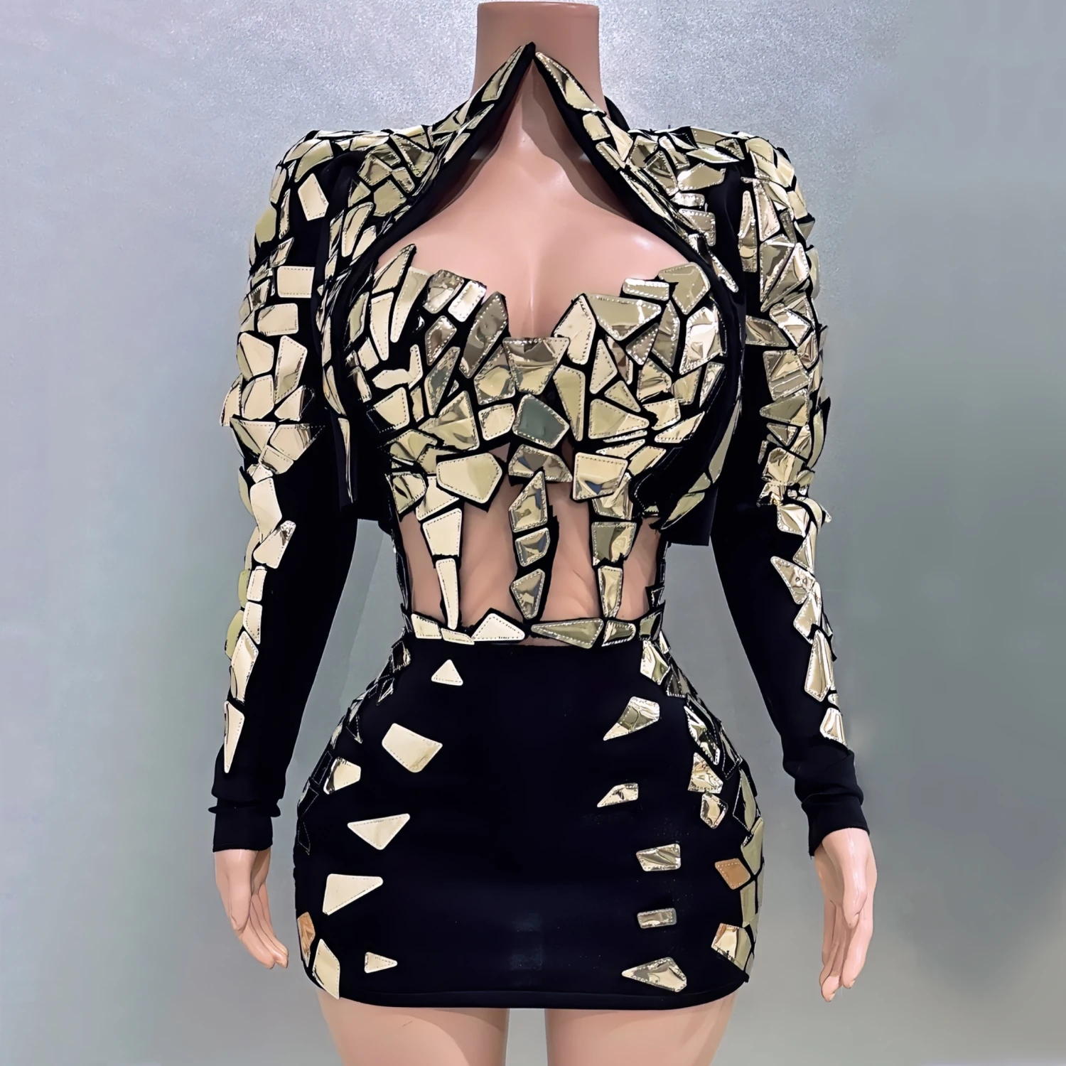 Shinning Golden Patch Black Sexy Mini Sheath Skirt Three-Pieces Women Evening Party Celebrate Nightclub Performance Costume Suit