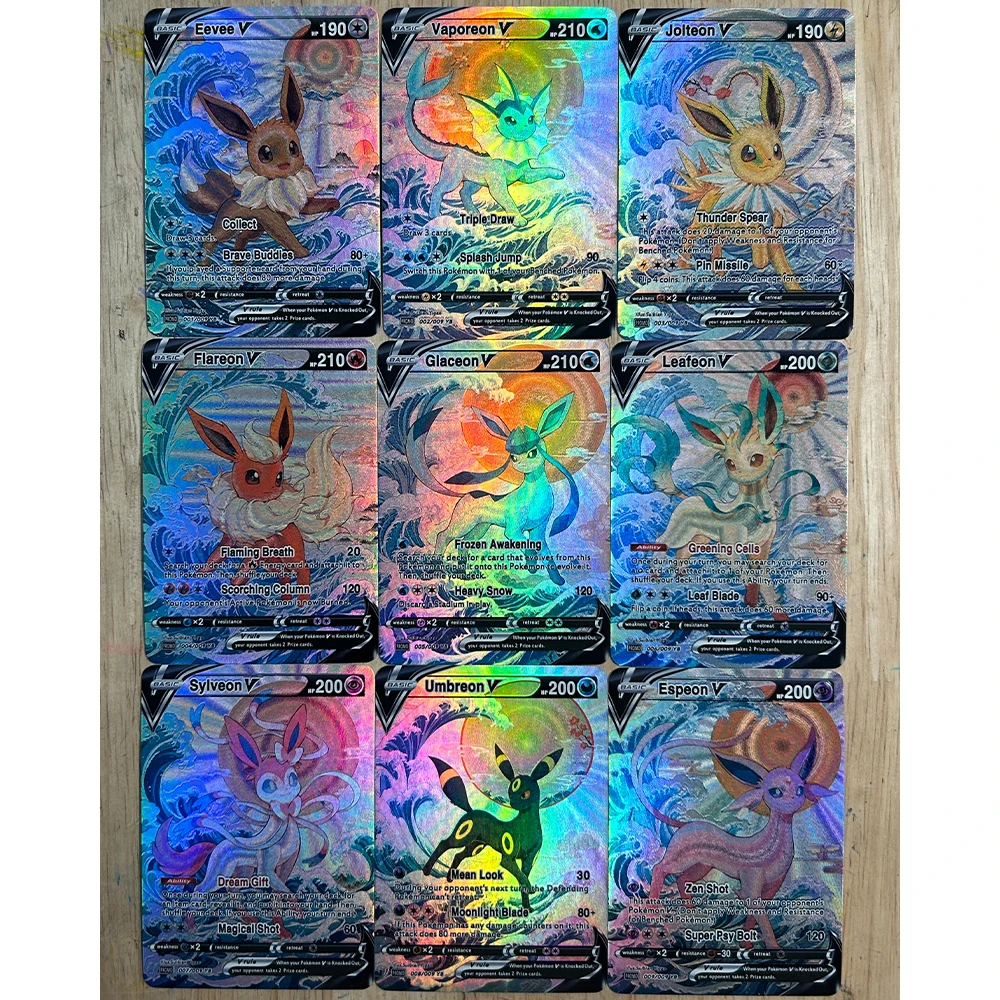 9 قطعة/المجموعة أنيمي PTCG جمع بطاقة Eevee Vaporeon Leafeon Umbreon Espeon الإنجليزية تنقش الملمس بطاقة فلاش لعبة هدايا الطفل #3