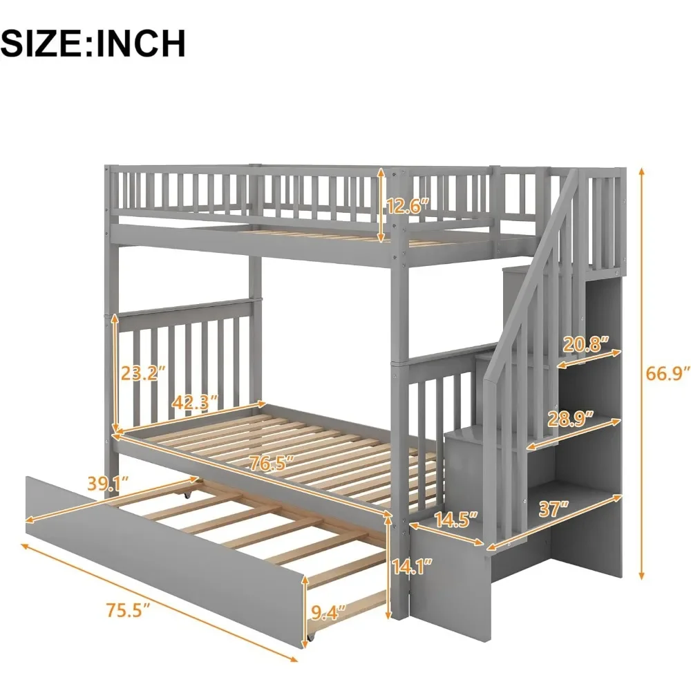 Bunk Bed, with Trundle, with Storage,Can Be Split Into 3 Separate Beds,for Kids Teens Adults ,Solid Wood Stairway Bunk Bed Frame