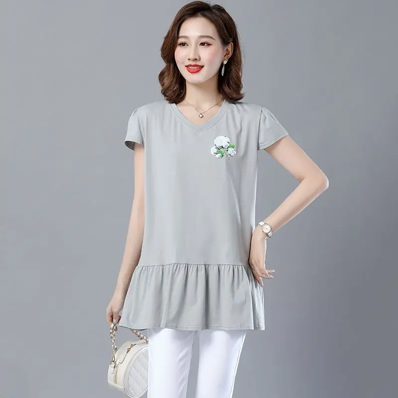 Women's Clothing 2023 Summer Pullovers Patchwork Short Sleeve Solid V-neck Loose Long New Fashion Casual New Pleated T-Shirts