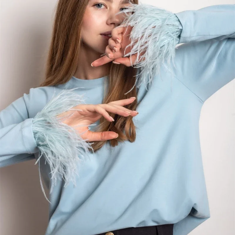 Kozoca 2024 modne szyte z piór T-shirt w za dużym rozmiarze moda na co dzień dojeżdżający do pracy z okrągłym dekoltem z długim rękawem jednolity pulower eleganckie damskie topy