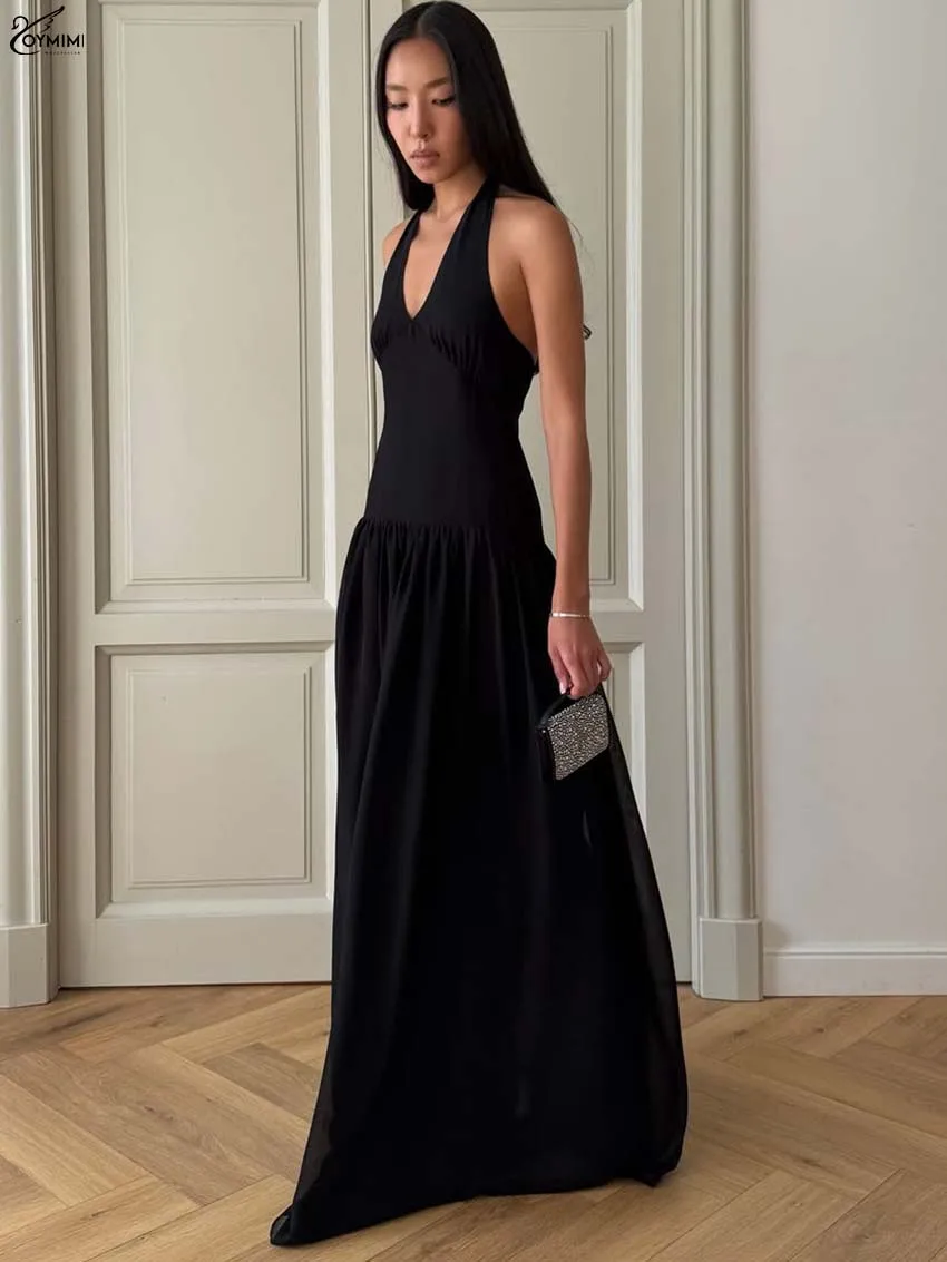 

Oymimi Fashion Black V-Neck Dresses For Woman Eleagnt Sleeveless Open Back Zipper Dresses Autumn High Waist Floor-Length Dress