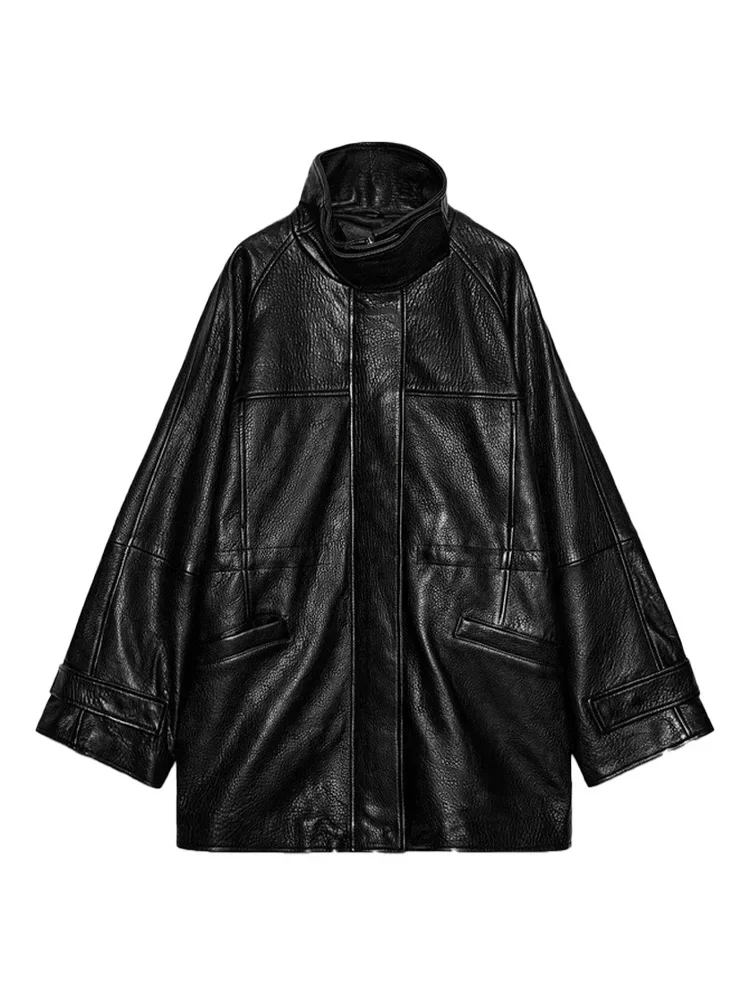 الشارع بولي Leather سترة جلدية النساء Y2k الصلبة سحابات طويلة الأكمام جيب الوقوف طوق معطف الإناث 2025 الشتاء سيدة أبلى