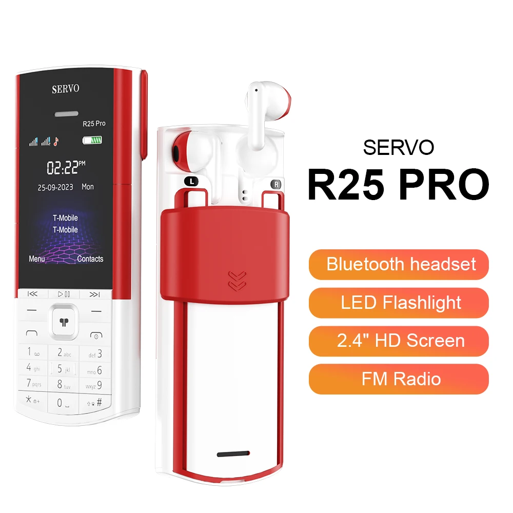 SERVO R25 PRO 오리지널 휴대폰 듀얼 SIM 2GGSM TWS 슈퍼 사운드 블랙리스트, 블루투스 다이얼 속도 다이얼, 자동 통화 레코드 토치