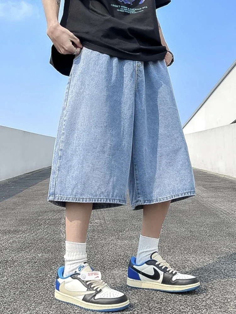 

Летние тонкие мужские джинсовые шорты с широкими штанинами, прямого кроя, свободного силуэта, со средней посадкой, молодежные, модные, износостойкие