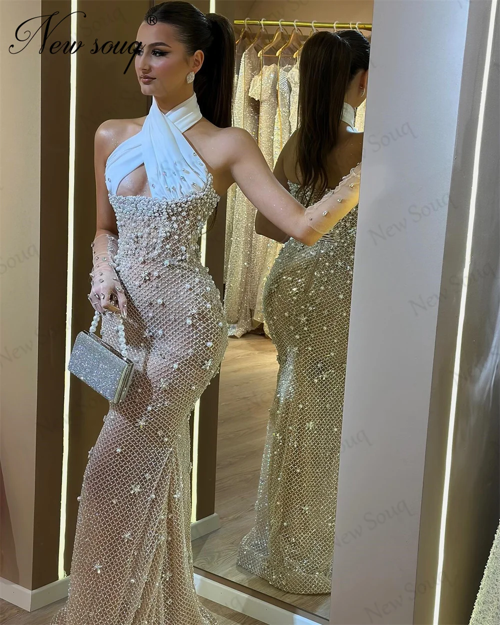 Haute Coutures White Beading Evening Dresses Arabic Dubai Halter Pearls Mermaid Celebrity Dress Weddig Party Gowns Robes Pageant