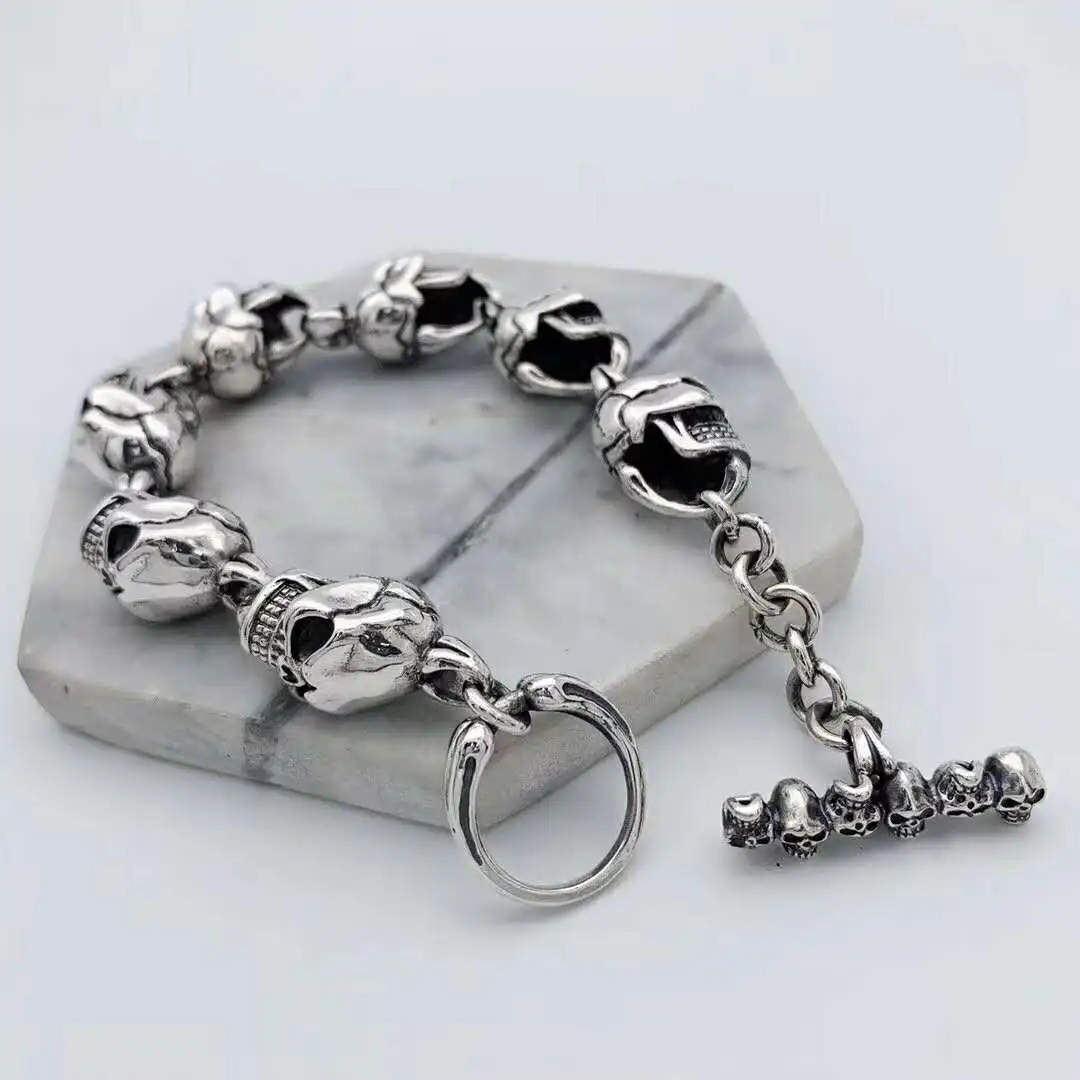 Sterling silver skull bracelet, domineering men's nightclub, Gothic trendsetter, hip-hop personality bracelet, European and Amer