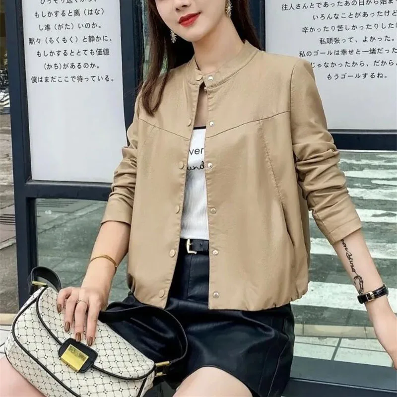 Fashion Short PU Leather Jacket Women\'s Leather Coat 2023 New Spring Autumn Round Collar Casual Korean Outerwear Female Tops