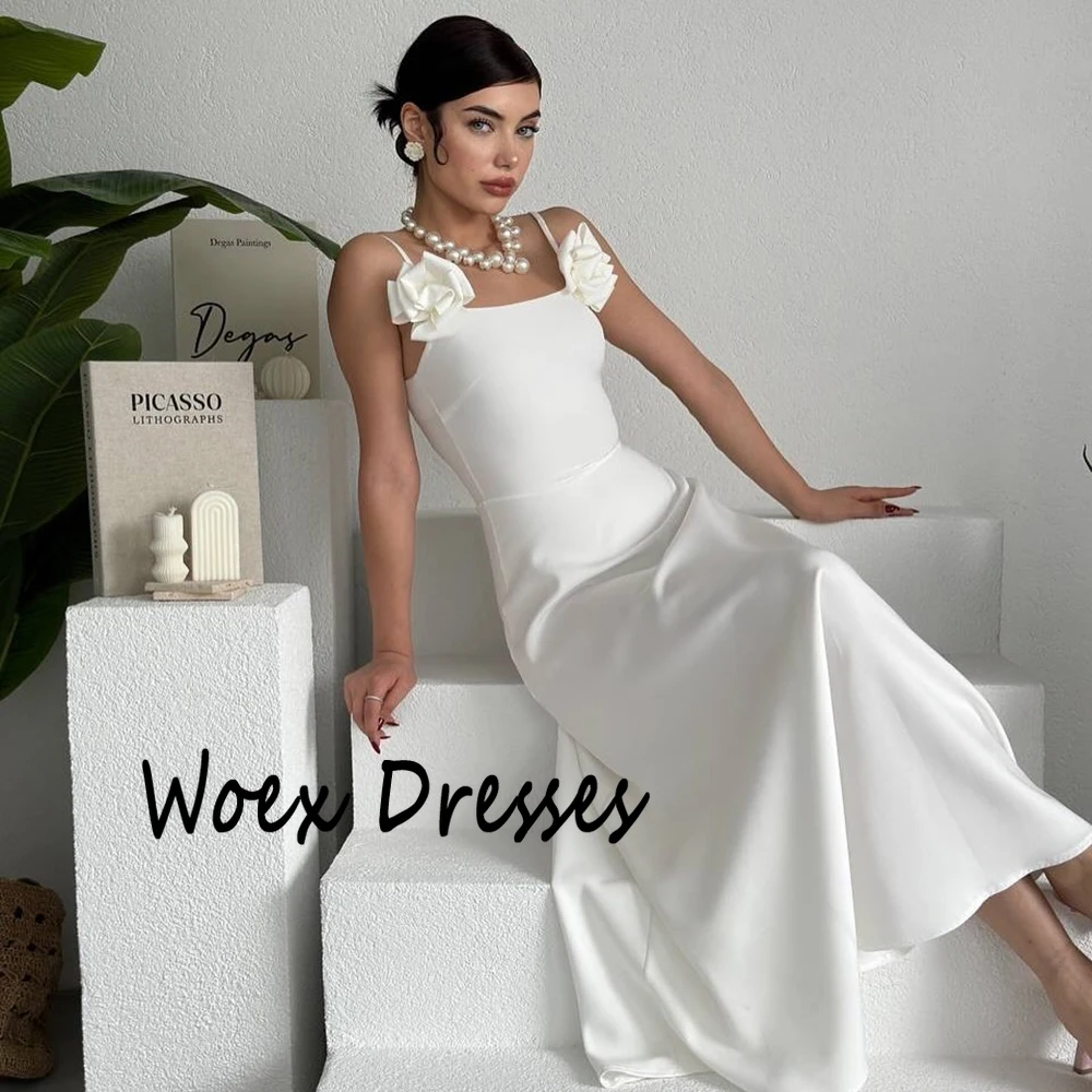Dostosowana Spaghetti biała prosta suknia wieczorowa w kształcie litery A z kwiatem bez rękawów sukienka na imprezę seksowna suknia wieczorowa bez pleców do kostek