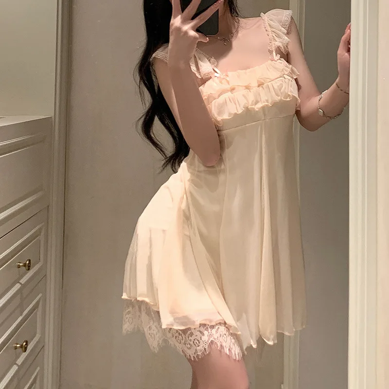 Women Nightgowns Satin Silk Spaghetti Strap Sleeveless Sleepwear Lace Nightwear Dress Sexy Lingerie Gown Homedress Nightdress