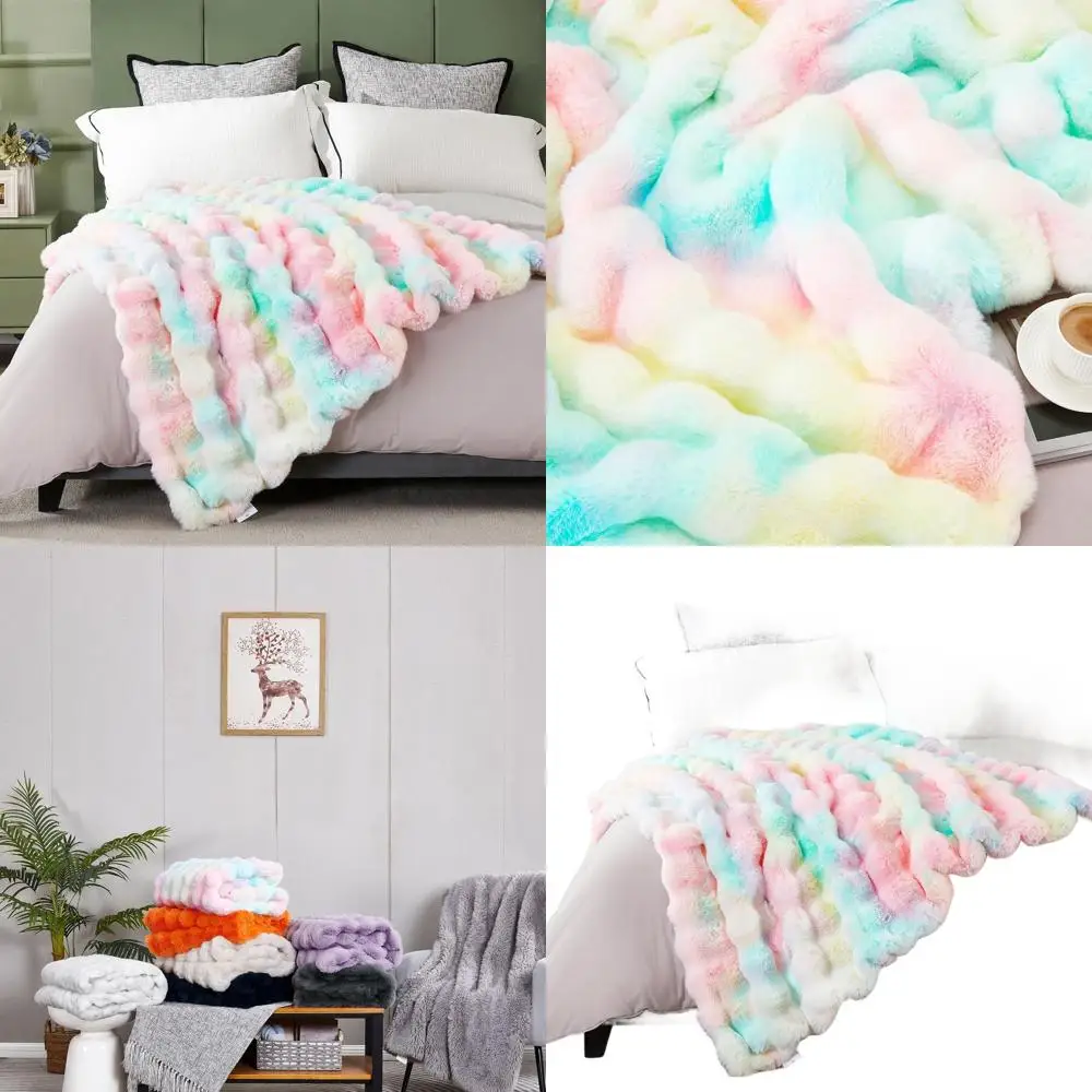 Queen Size 80x90 Rainbow Fuzzy Rabbit Fur Blanket, Plush and Cozy for Winter