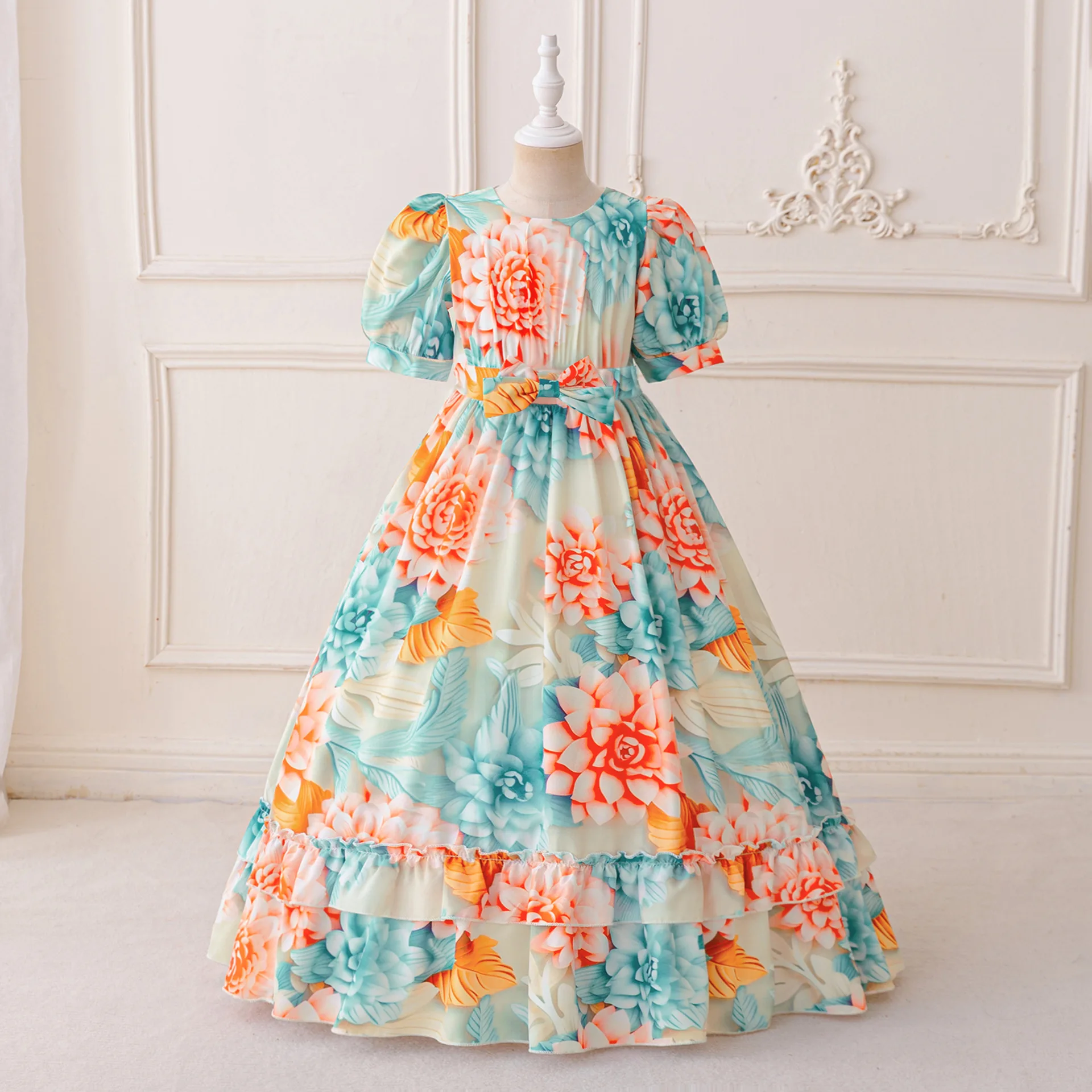 Children's Gown Elegant Party Dresses For Girls Festive Dress Flower Long Dress Fashion Print Girls Princess Dress Summer Dress