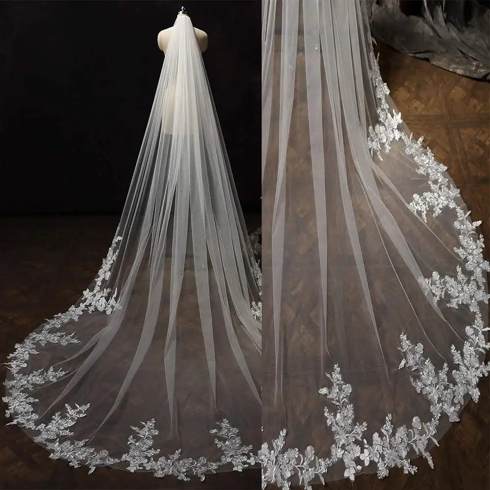 

Elegant Wedding Veil 3 Meters One Layer Appliques Cathedral Long Bridal Veils Wedding Accessories Véu De Noiva Customized