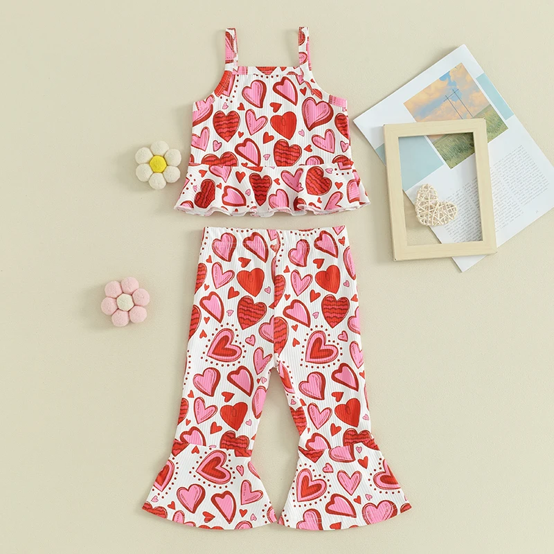 

Kids Toddler Girls Valentines Day Outfits Sleeveless Camisole Tops Heart Flared Pants Clothes Set