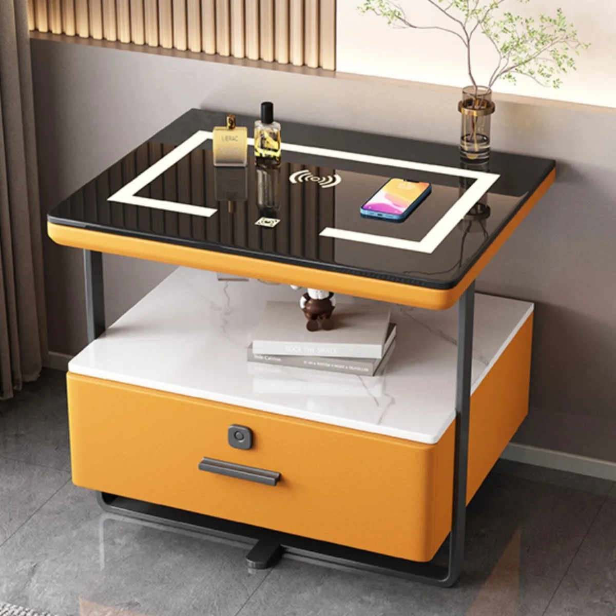 طاولة سرير ذكية صغيرة من الحديد المطاوع وبسيطة للغاية وحديثة وخفيفة وبطاولة صخرية فاخرة من الخشب الصلب وشحن لاسلكي لغرفة النوم #3