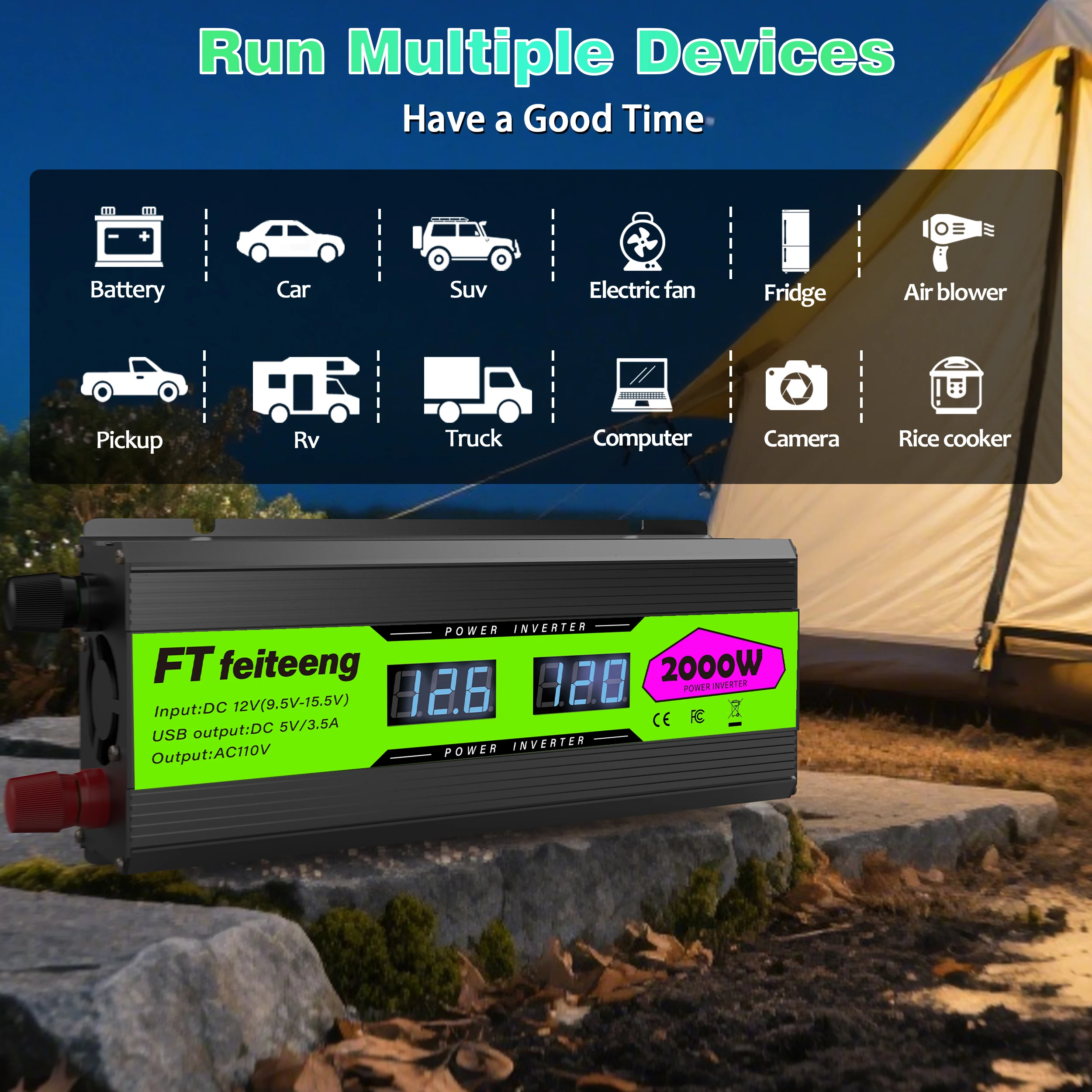 2000W/1000W/500W Power Inverter 12V to 110V with Dual AC Outlets Fast USB for RV Solar Off Grid Camping Emergency