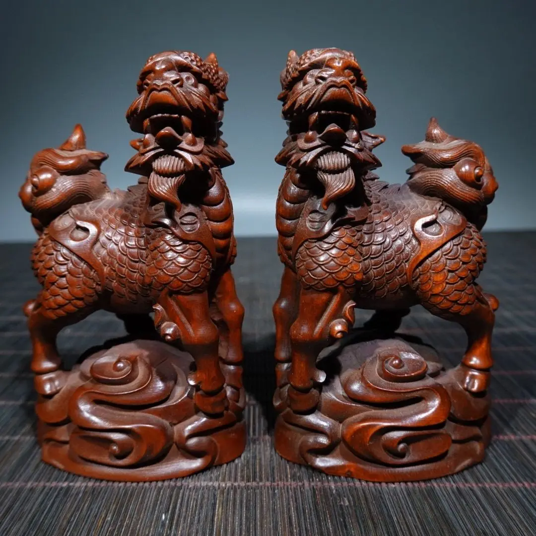 Hand Carved Wood Auspicious clouds kylin mythical beast Statue Figurine Desktop Ornaments Home Decoration