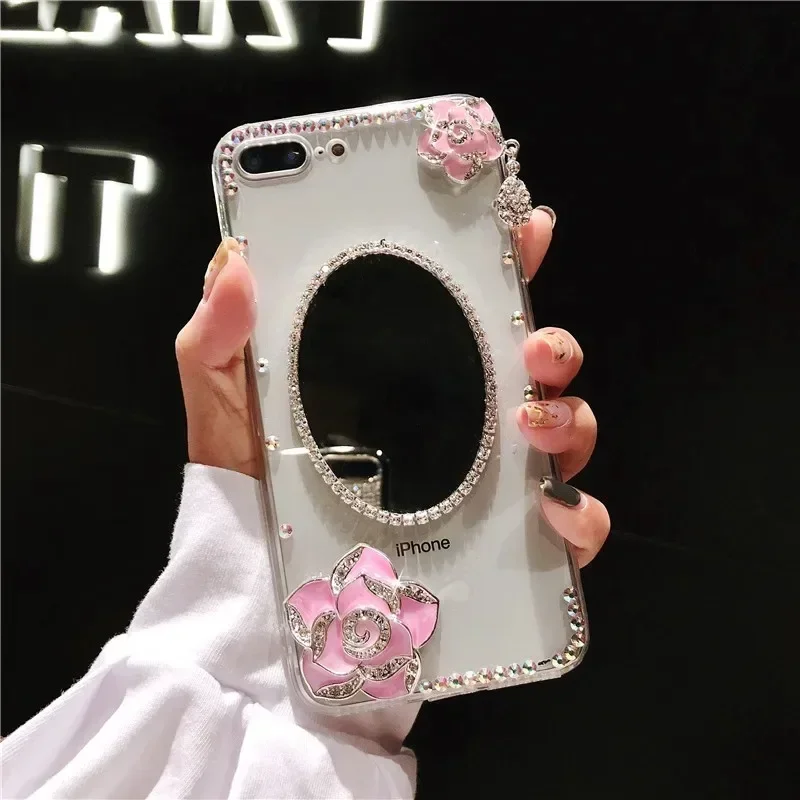 

Bling Diamond Mirror Flower Pendant Phone Case, Soft Clear, for Samsung Galaxy S24, S23 Ultra, S20, S21, S22, Note20, Fashion