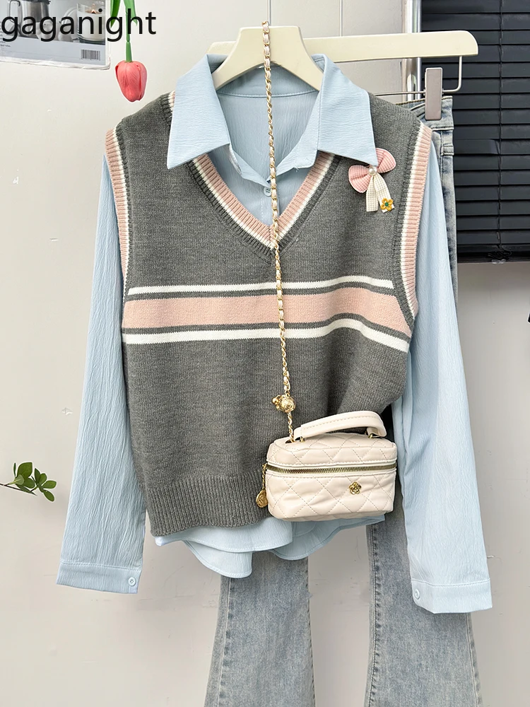 Gaganight Women Dopamine Contrasting Color Striped V neck Knitted Vest 2024 Autumn New Turn down Neck Collar Base Shirt Set