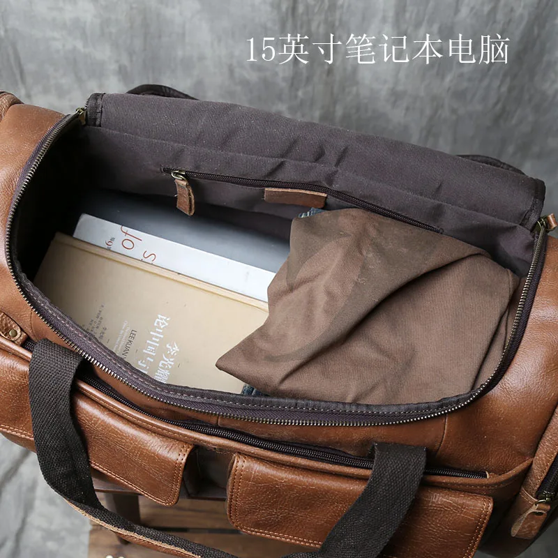 Bolsa de viagem masculina vintage, grande capacidade, camada superior de couro de vaca, couro genuíno, bolsa crossbody, portátil, curta distância, viagem de negócios