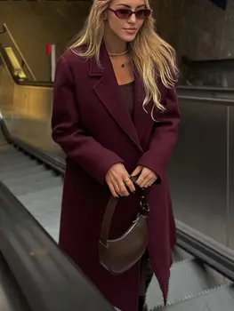 HH Women Fashion Burgundy Coat Double Breasted Long Sleeve Lapel Blends Jacket Autumn Winter High Street Outerwear 3