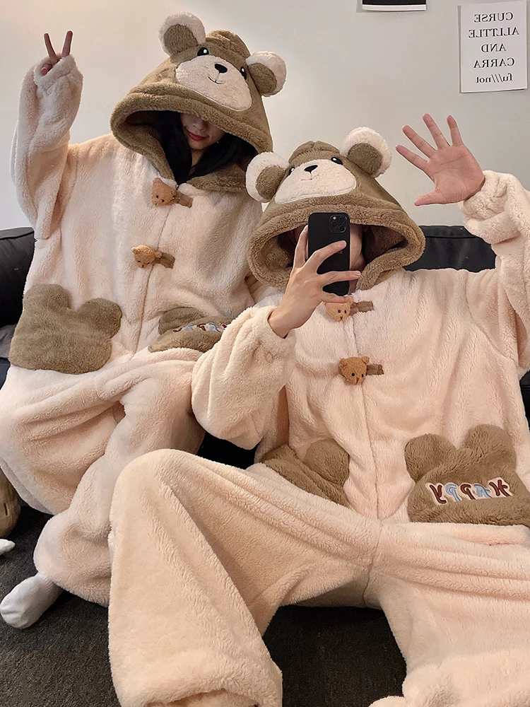 

DAIMELU bear cartoon sleepwear long sleeved pajamas men winter thickened warm coral fleece flannel one-piece male loungewear set