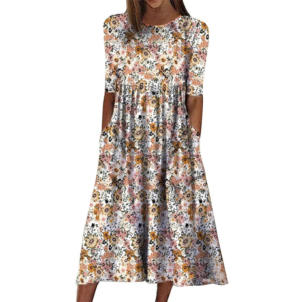 Damen-Pulloverkleid für Frühling/Sommer mit Rundhalsausschnitt, Taschen, mittellangen Ärmeln, lockerem, lässigem Print und Midi-Länge