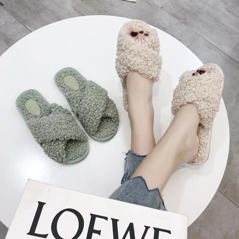 Cross Band Home Fur Slides Ladies Curly/straightly Femmes Pantufles Mixed Colors Comfy Indoor Fluffy Slippers Sexy