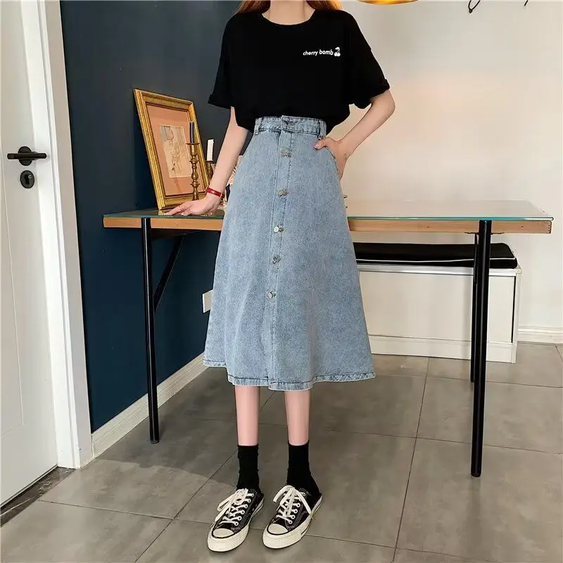 

Джинсовая юбка с высокой талией, весна-лето, большие размеры, модная женская свободная юбка-трапеция с эластичным поясом, скрывающая живот, стройнящая, длинная