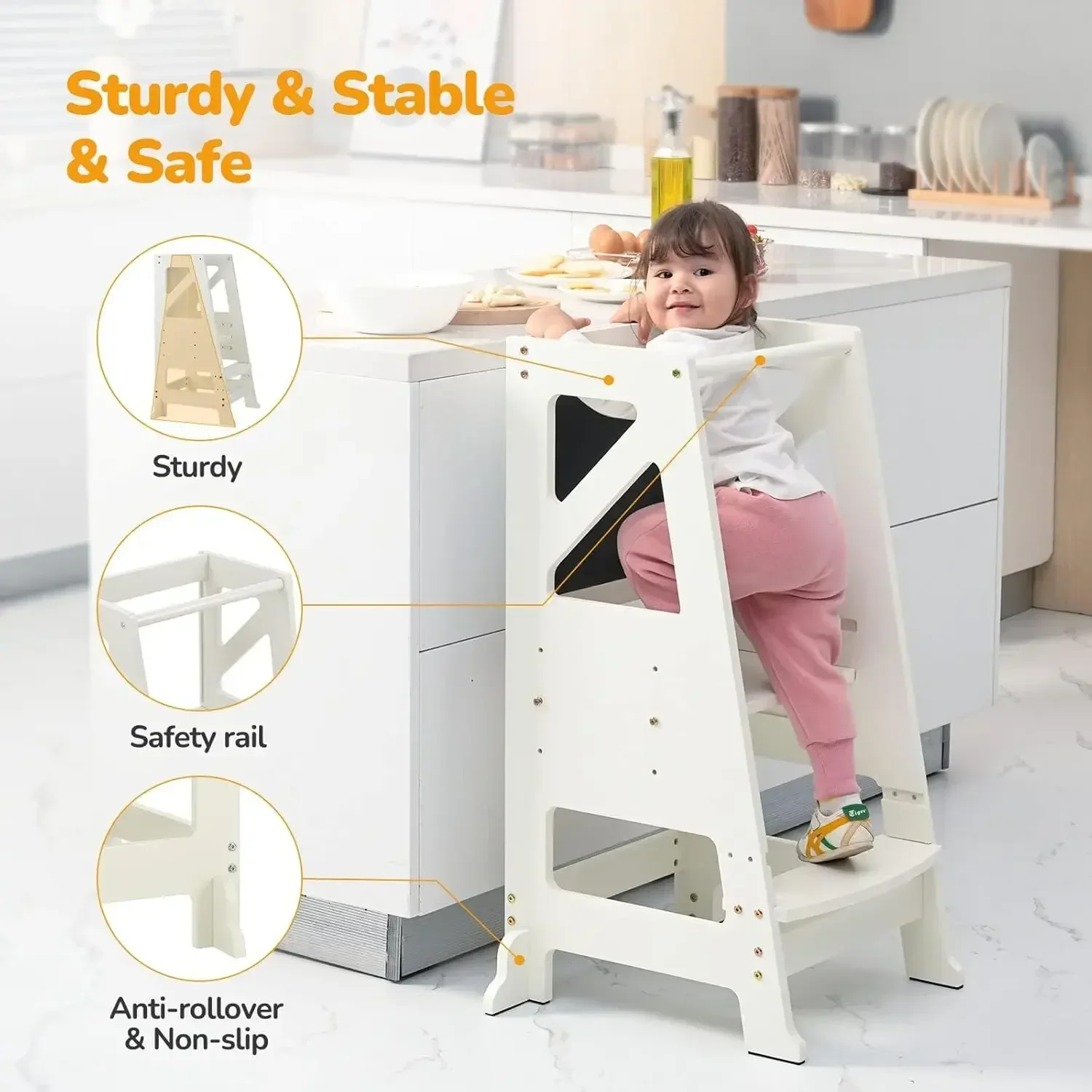 Toddler Kitchen Stool Helper Tower Kitchen Helper Step Stool with Message Boards Safty Rail-Adjustable