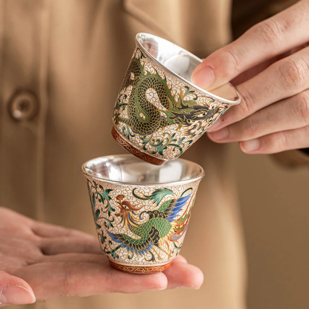 Chinese Prosperity Brought By The Dragon And The Phoenix Tea Cup Inlaid Silver Liner Coffee Espresso Cup Teacup