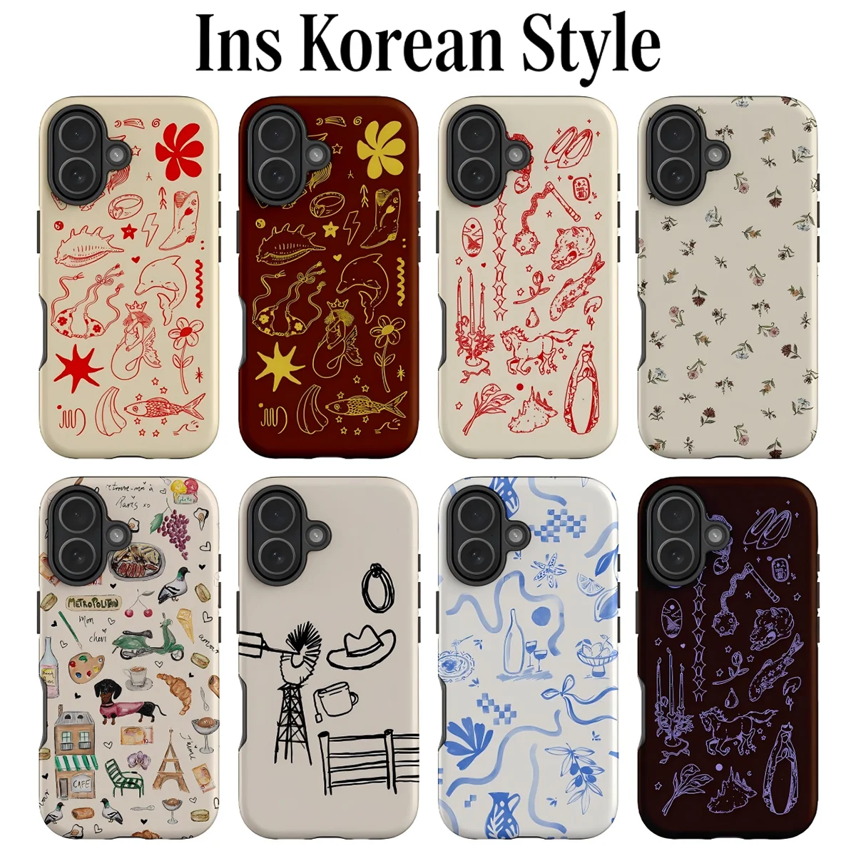 Luxury Clmj Retro Korean Art Phone Case for iPhone 17 17e 16e 16 15 14 13 12 11 X XS XR Air Pro Max Plus Double-layer Back Cover