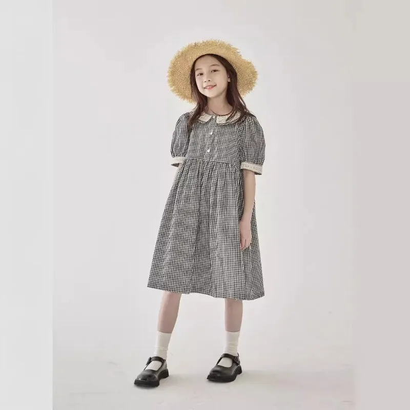 

Black and White Plaid Bubble Sleeve Dress with Patchwork Lace Collar Retro Long Dress for Girls Summer New Forest Style